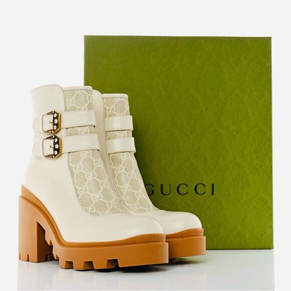 Gucci Kensington 37.5 US 7.5 Crystal Buckle Bootie White GG Leather Lug Sole NIB - Picture 1 of 13